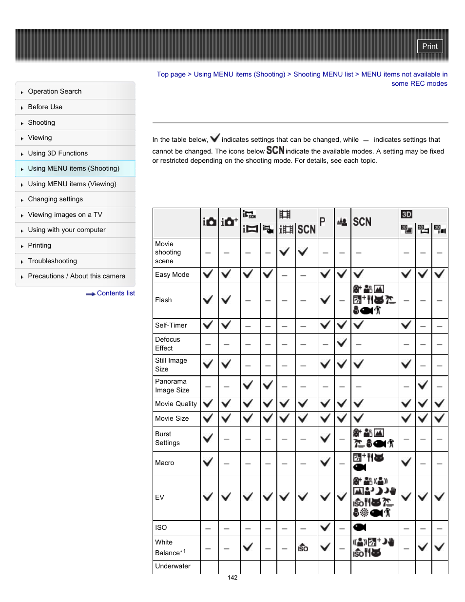 Menu items not available in some rec modes, Details | Sony DSC-TX10 User Manual | Page 142 / 296