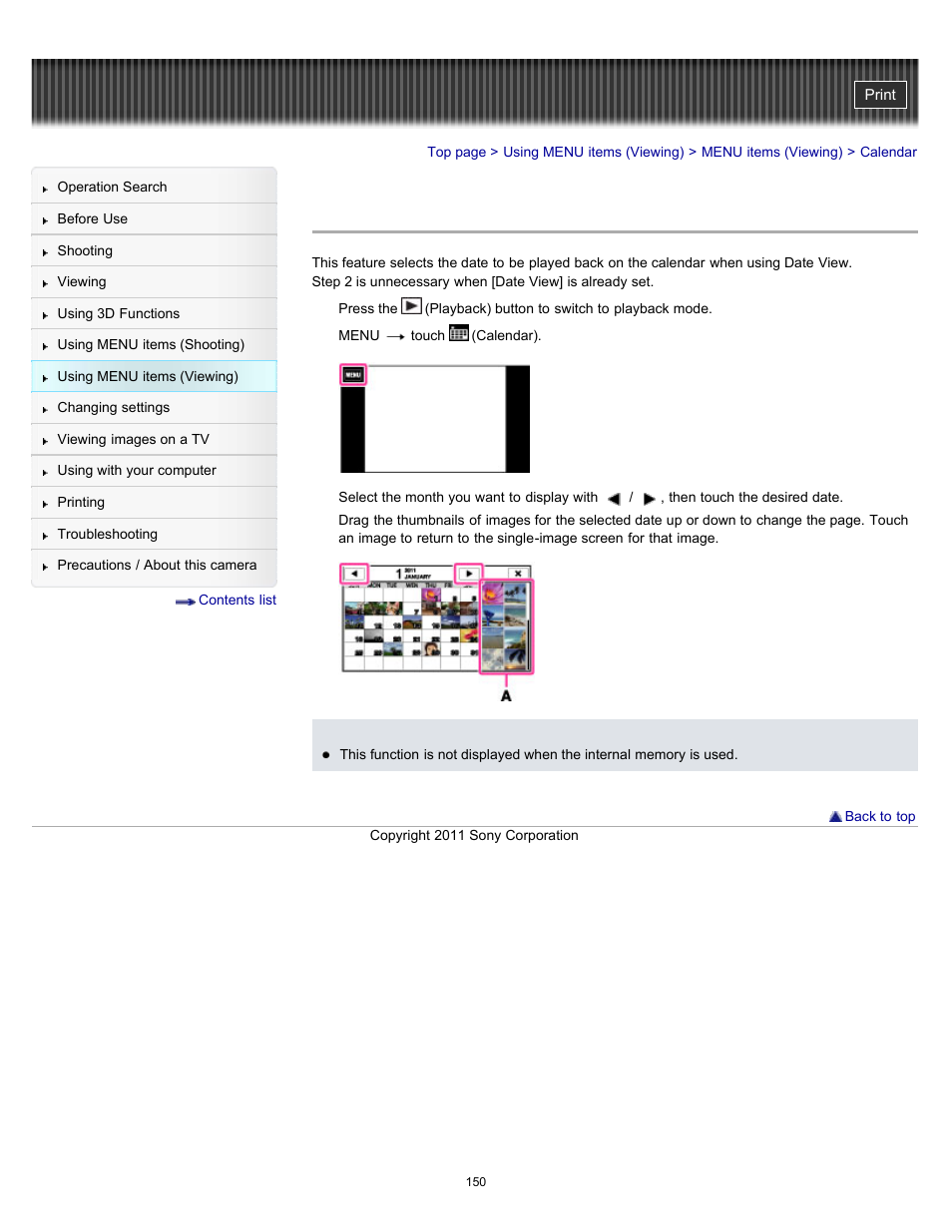 Calendar | Sony DSC-TX10 User Manual | Page 150 / 296