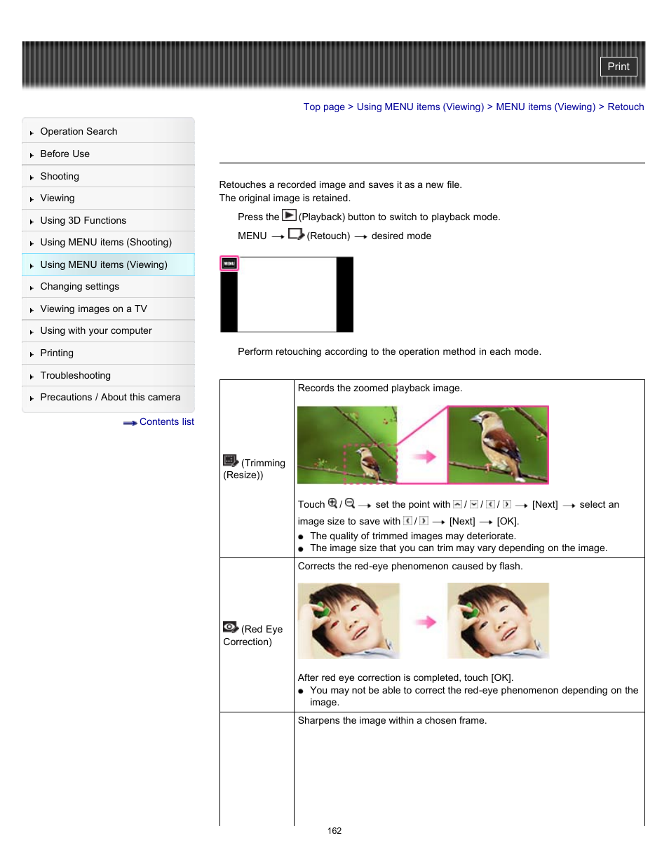 Retouch, Retouch(trimming (resize)) | Sony DSC-TX10 User Manual | Page 162 / 296