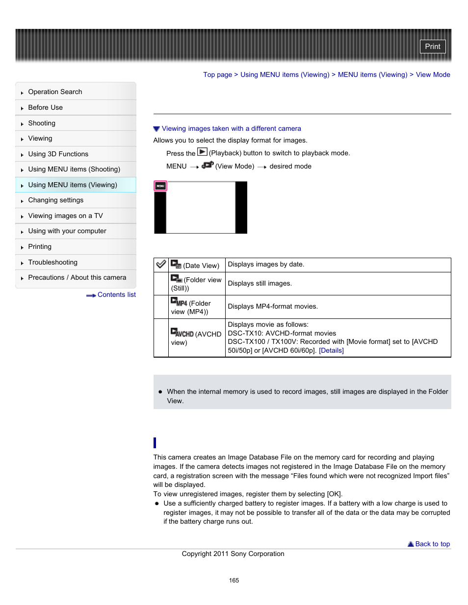 View mode | Sony DSC-TX10 User Manual | Page 165 / 296