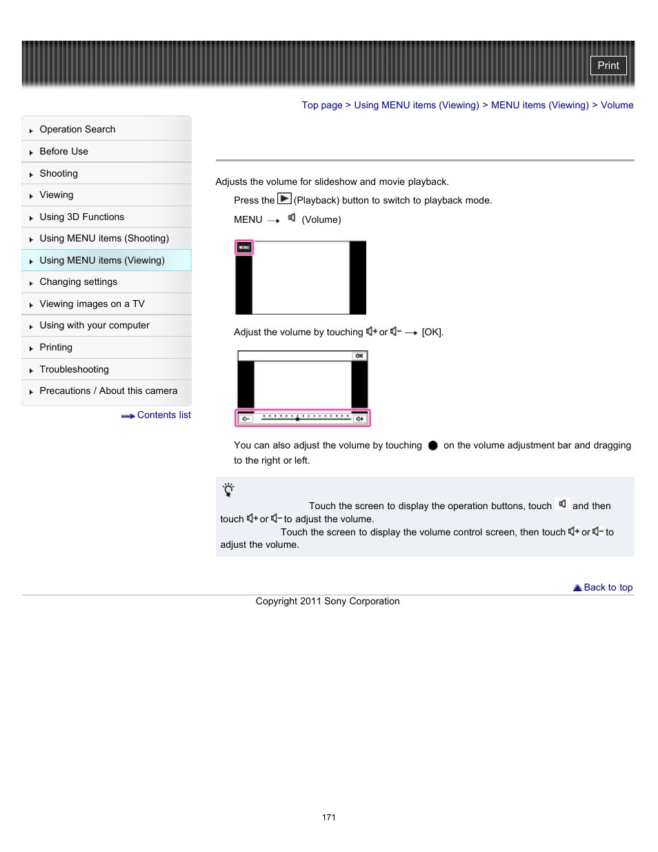 Volume | Sony DSC-TX10 User Manual | Page 171 / 296