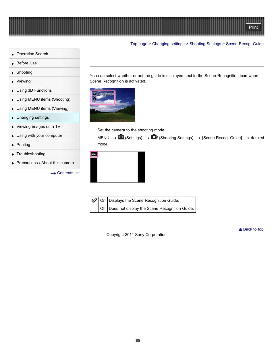 Scene recog. guide | Sony DSC-TX10 User Manual | Page 185 / 296