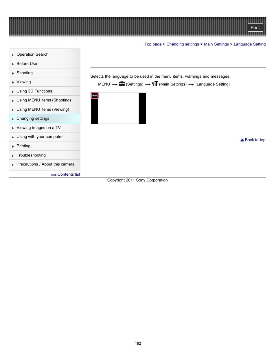 Language setting | Sony DSC-TX10 User Manual | Page 192 / 296