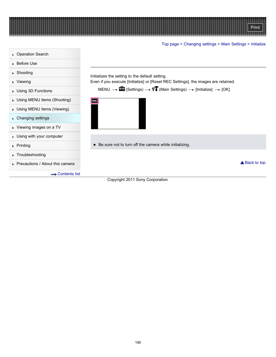 Initialize | Sony DSC-TX10 User Manual | Page 195 / 296