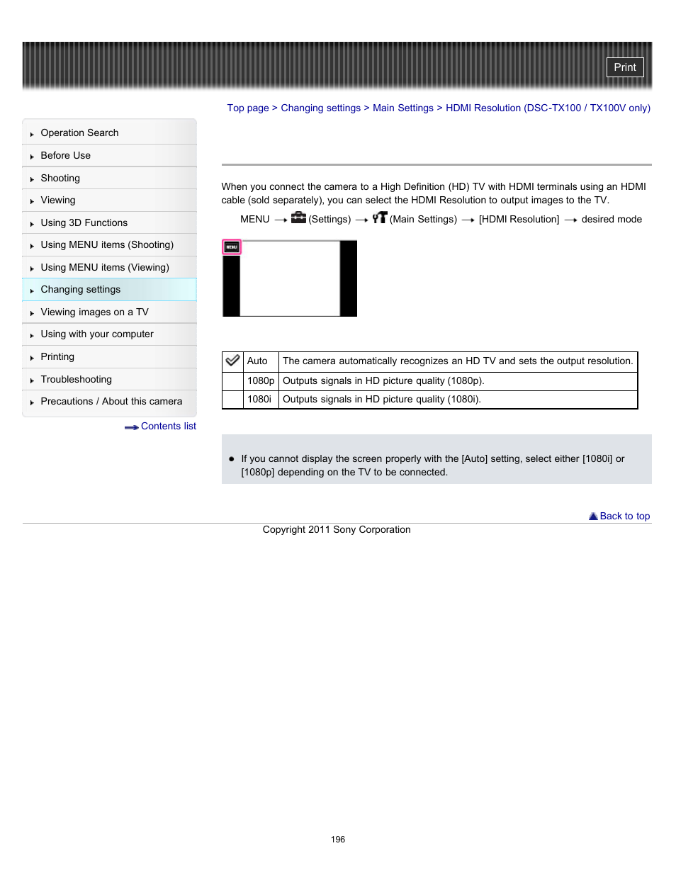 Hdmi resolution (dsc-tx100 / tx100v only) | Sony DSC-TX10 User Manual | Page 196 / 296