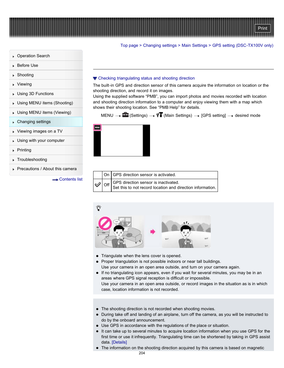 Gps setting (dsc-tx100v only) | Sony DSC-TX10 User Manual | Page 204 / 296