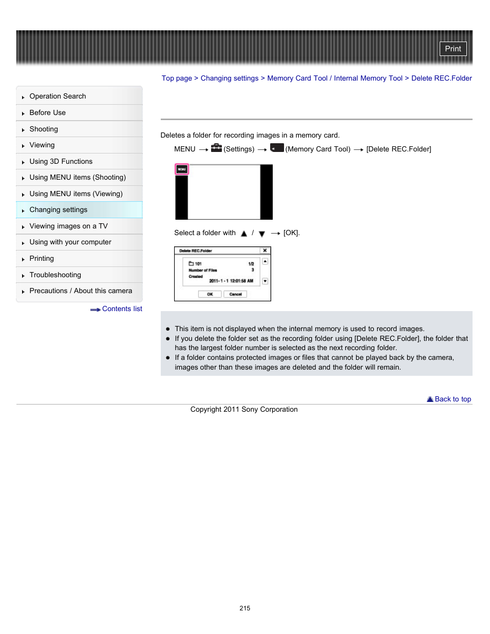 Delete rec.folder | Sony DSC-TX10 User Manual | Page 215 / 296