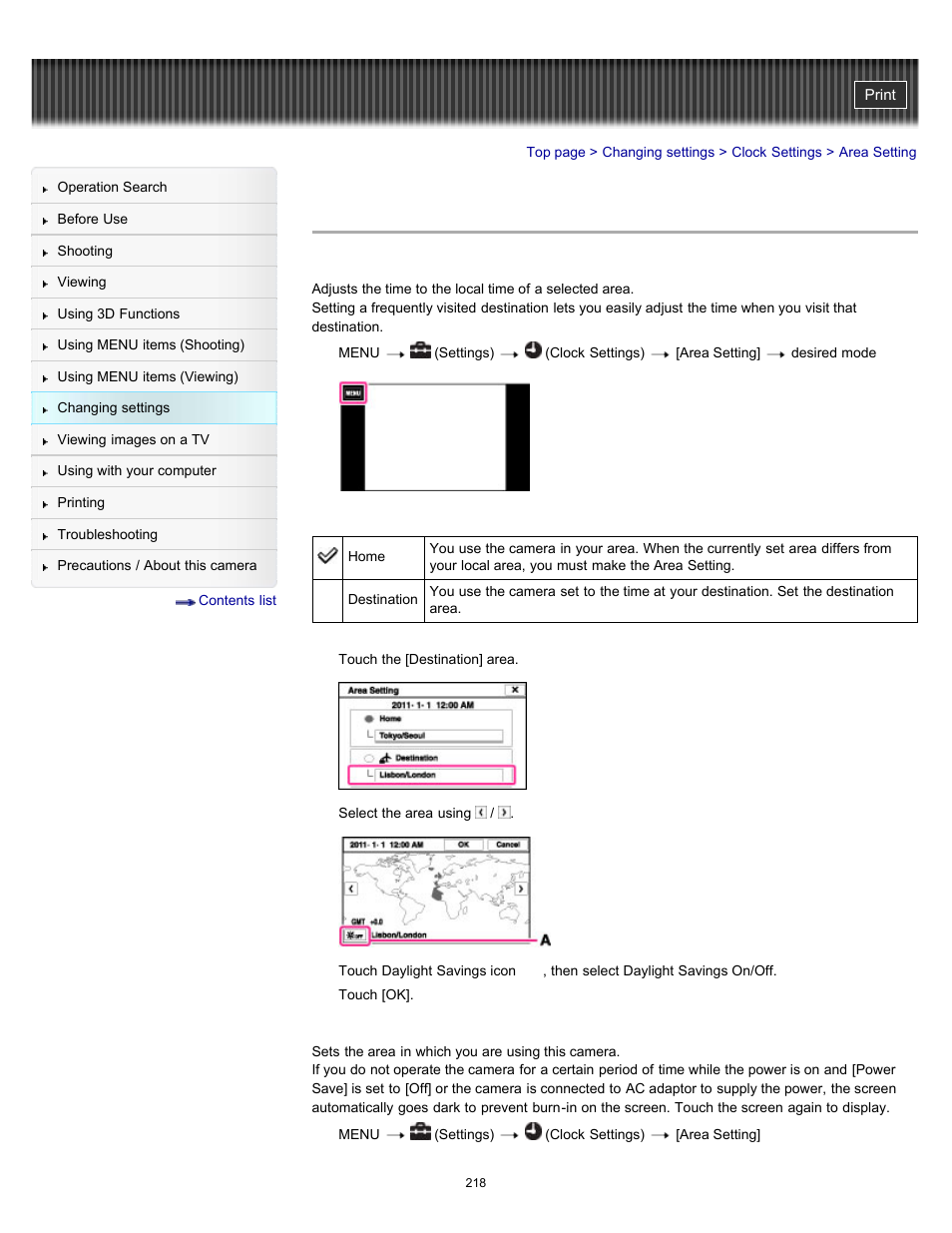 Area setting | Sony DSC-TX10 User Manual | Page 218 / 296