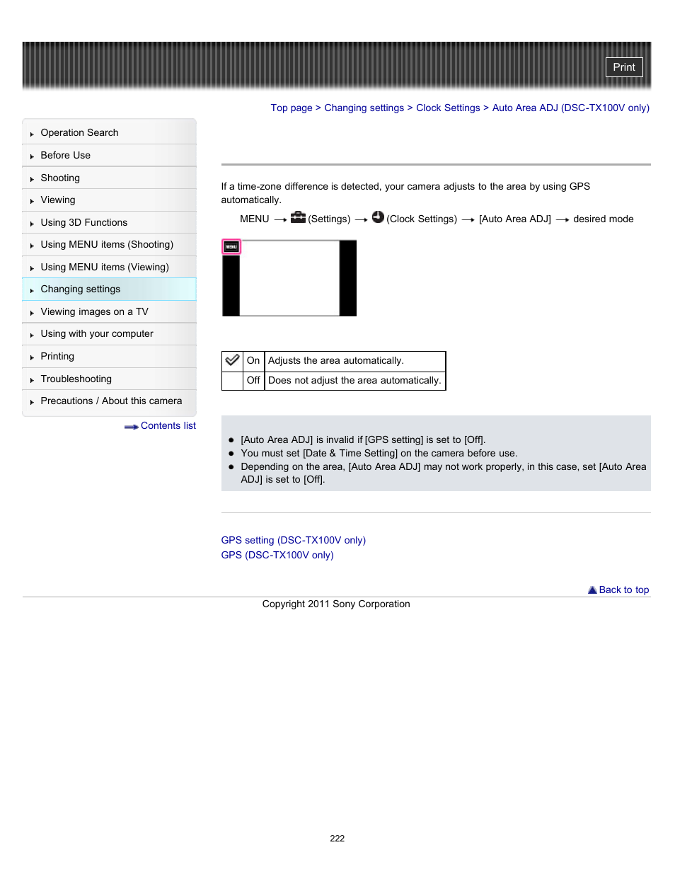 Auto area adj (dsc-tx100v only) | Sony DSC-TX10 User Manual | Page 222 / 296