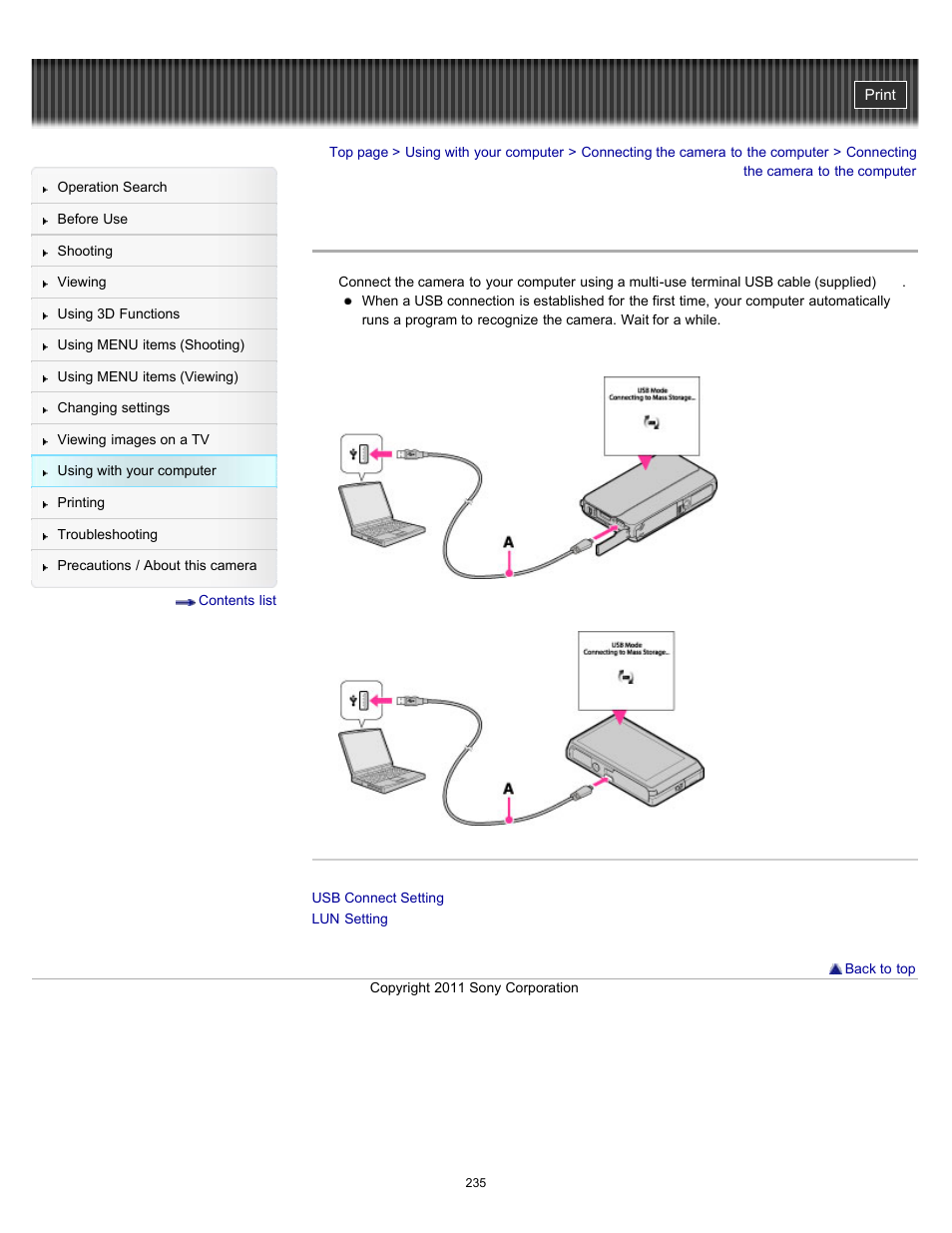 Connecting the camera to the computer | Sony DSC-TX10 User Manual | Page 235 / 296