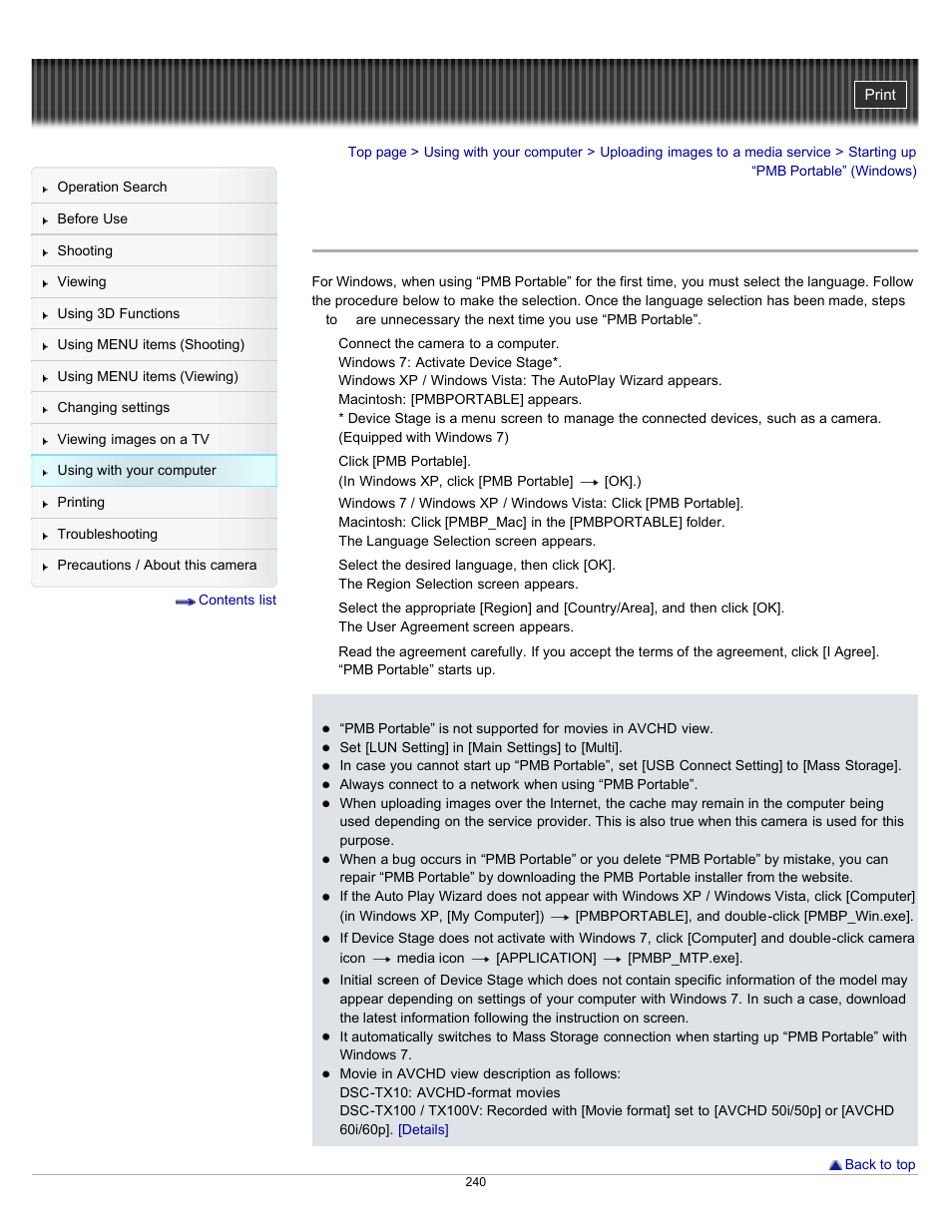 Starting up “pmb portable” (windows) | Sony DSC-TX10 User Manual | Page 240 / 296