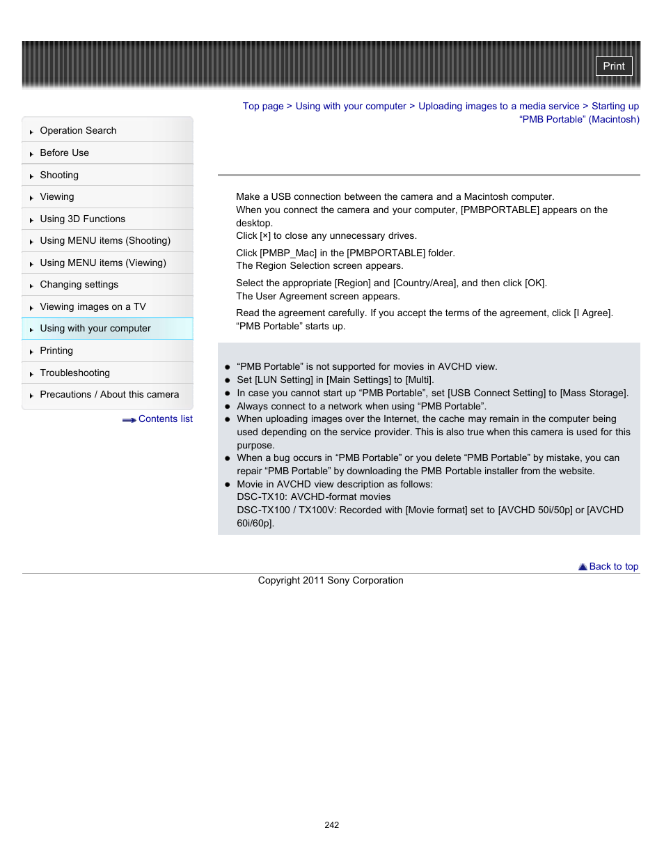 Starting up “pmb portable” (macintosh) | Sony DSC-TX10 User Manual | Page 242 / 296