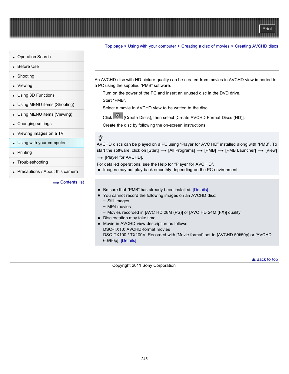 Creating avchd discs | Sony DSC-TX10 User Manual | Page 245 / 296