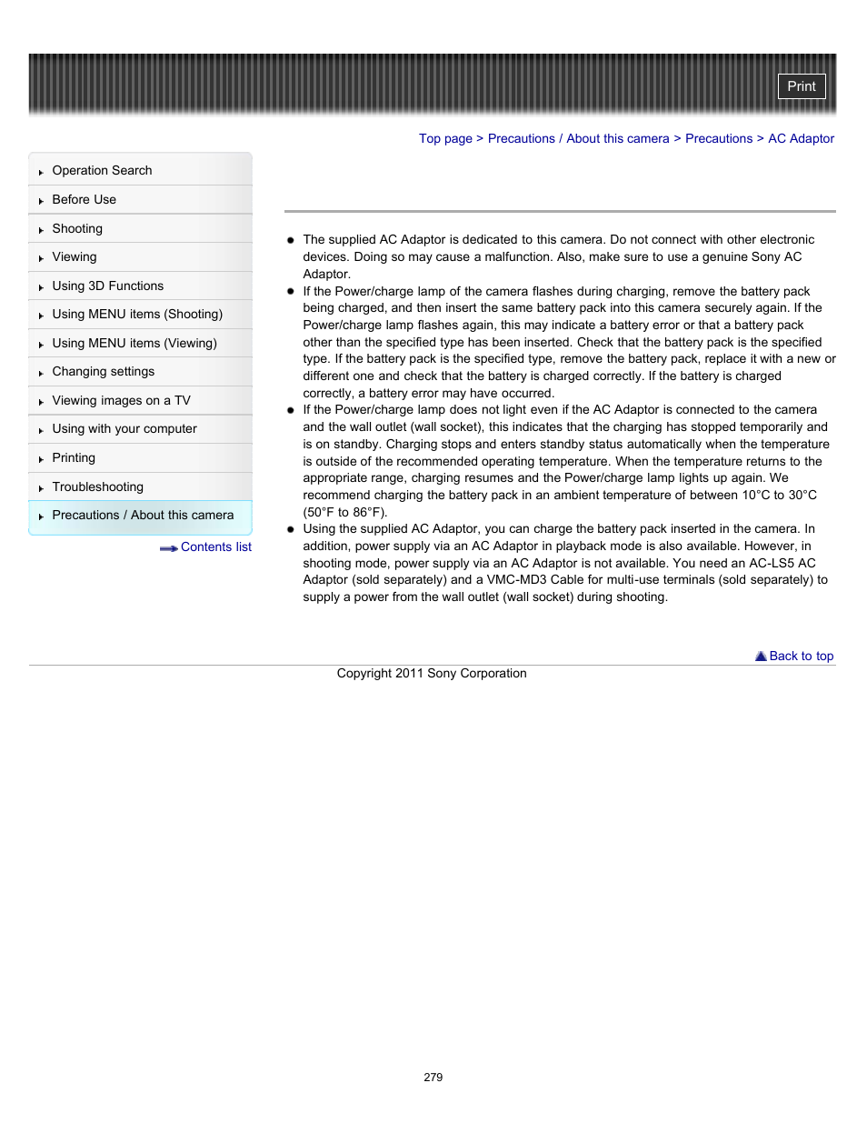 Ac adaptor | Sony DSC-TX10 User Manual | Page 279 / 296