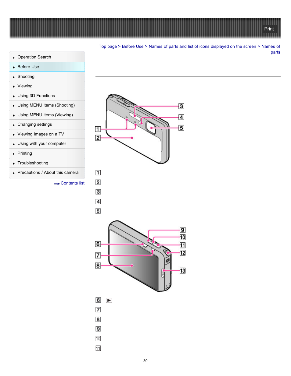 Names of parts | Sony DSC-TX10 User Manual | Page 30 / 296