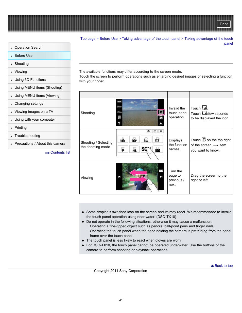 Taking advantage of the touch panel | Sony DSC-TX10 User Manual | Page 41 / 296