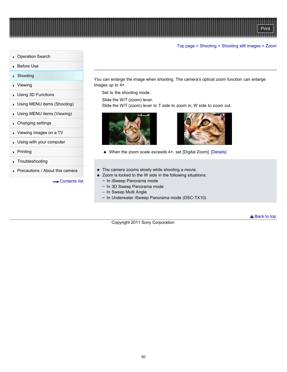 Zoom | Sony DSC-TX10 User Manual | Page 50 / 296