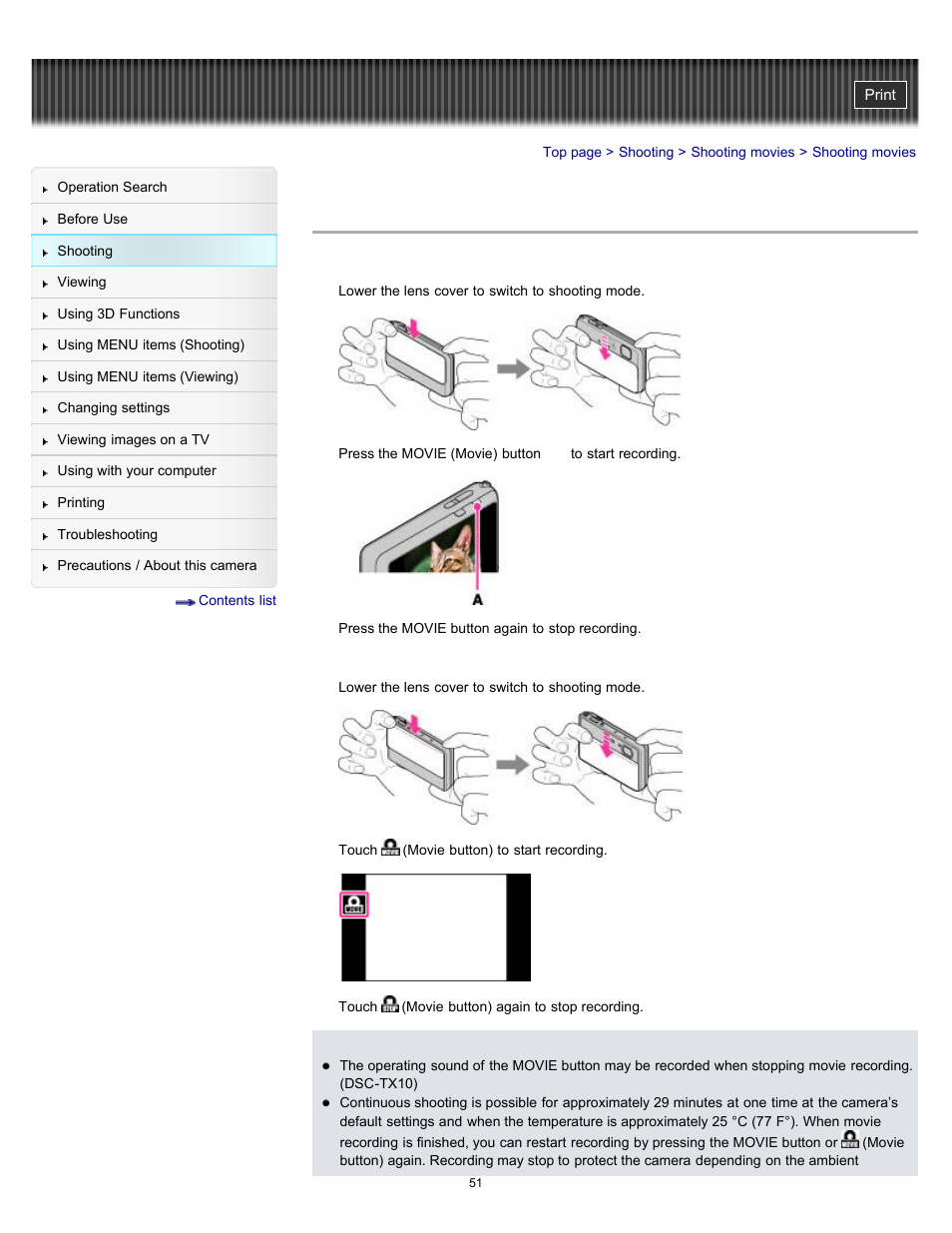 Shooting movies | Sony DSC-TX10 User Manual | Page 51 / 296