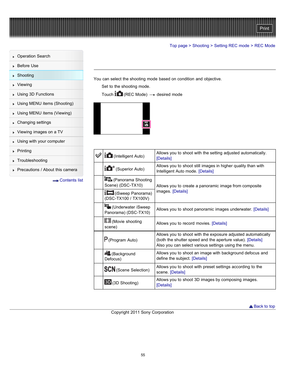 Rec mode | Sony DSC-TX10 User Manual | Page 55 / 296