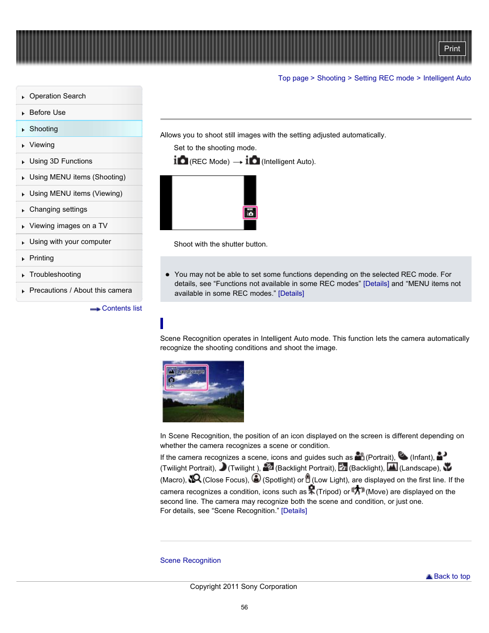 Intelligent auto, Details | Sony DSC-TX10 User Manual | Page 56 / 296