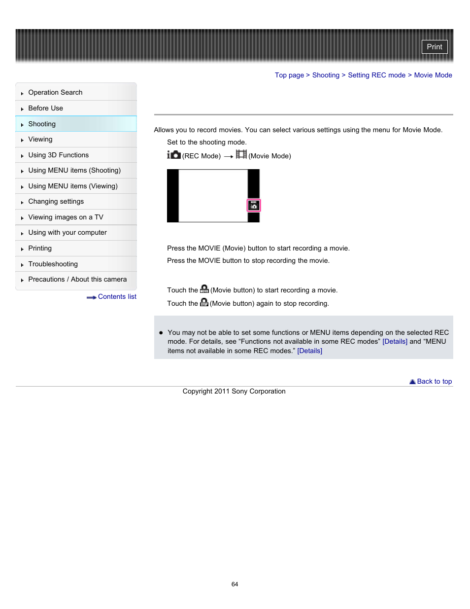 Movie mode, Details | Sony DSC-TX10 User Manual | Page 64 / 296