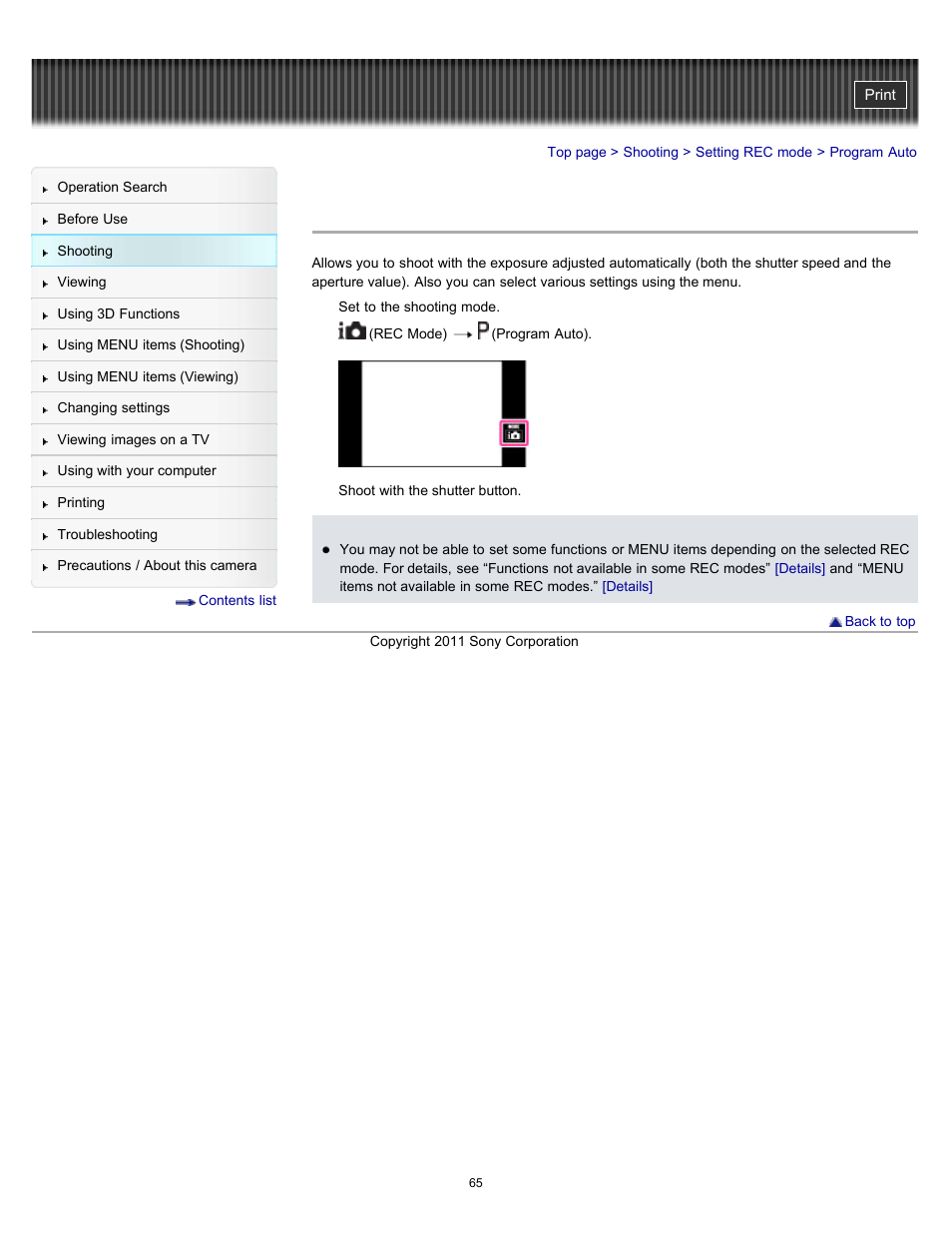 Program auto, Details | Sony DSC-TX10 User Manual | Page 65 / 296