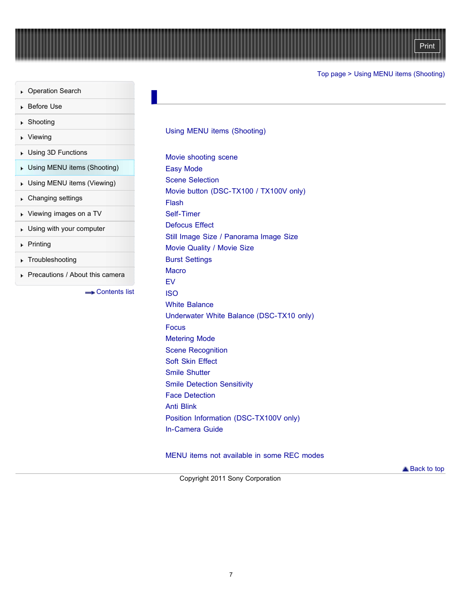 Using menu items (shooting) | Sony DSC-TX10 User Manual | Page 7 / 296