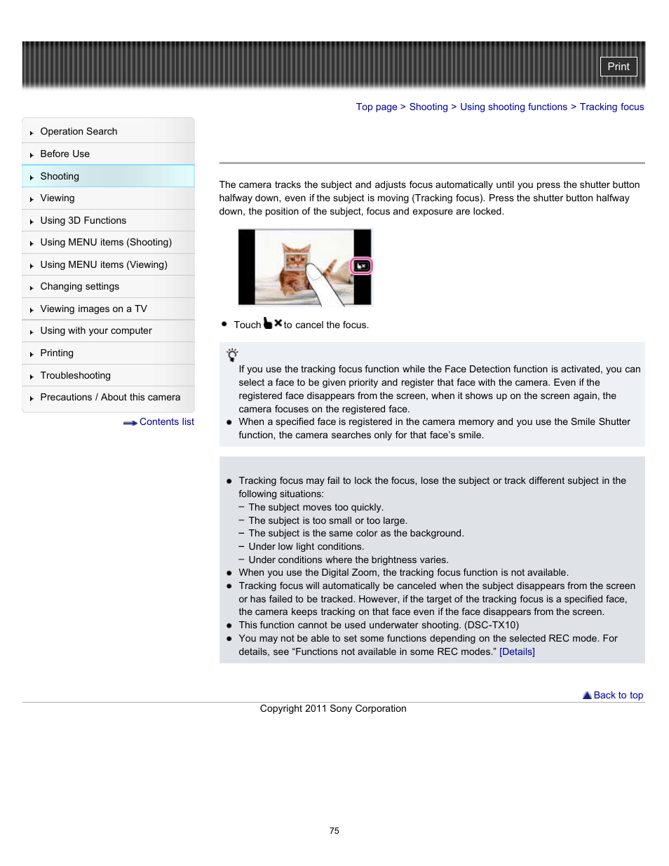 Tracking focus, Details | Sony DSC-TX10 User Manual | Page 75 / 296