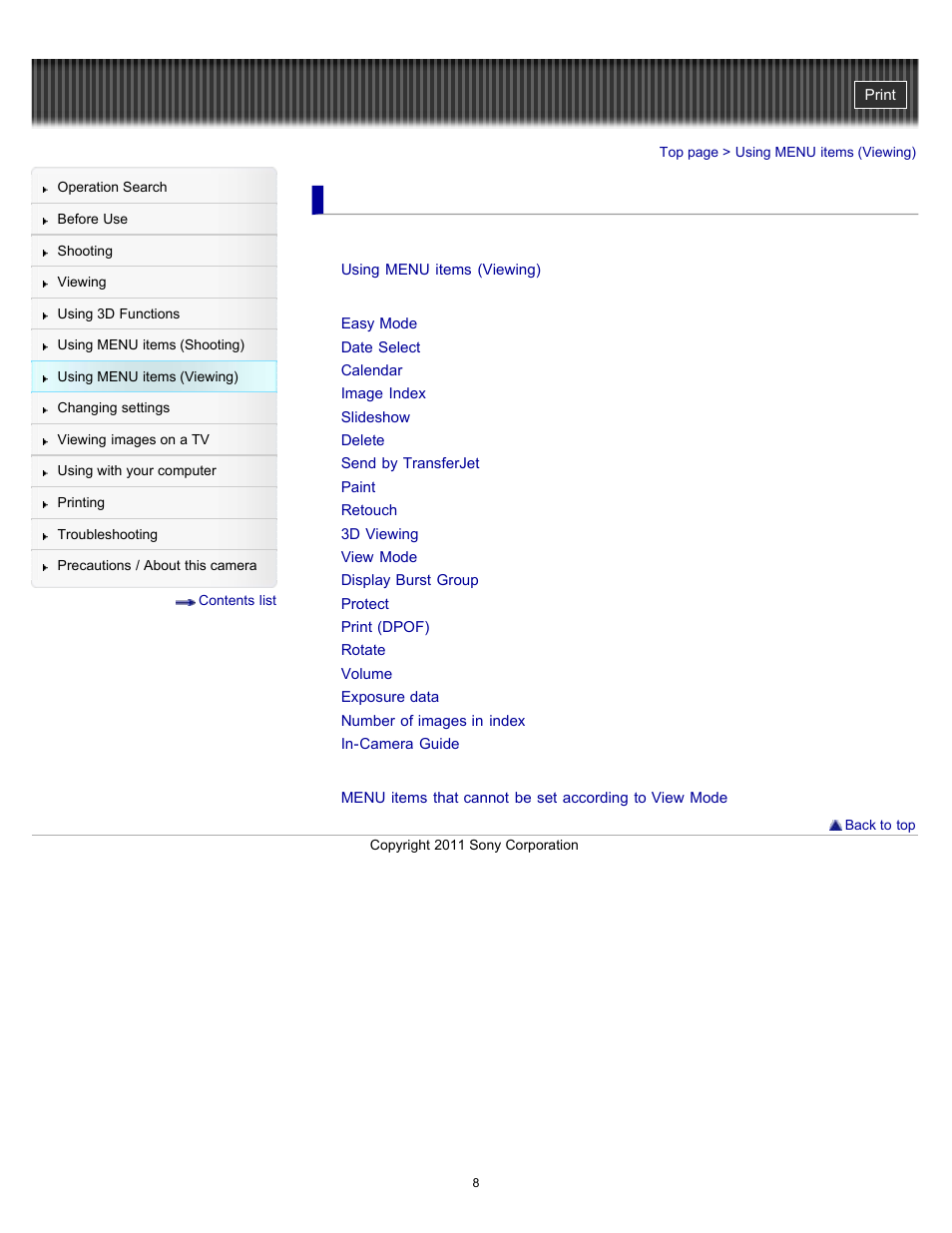 Using menu items (viewing) | Sony DSC-TX10 User Manual | Page 8 / 296