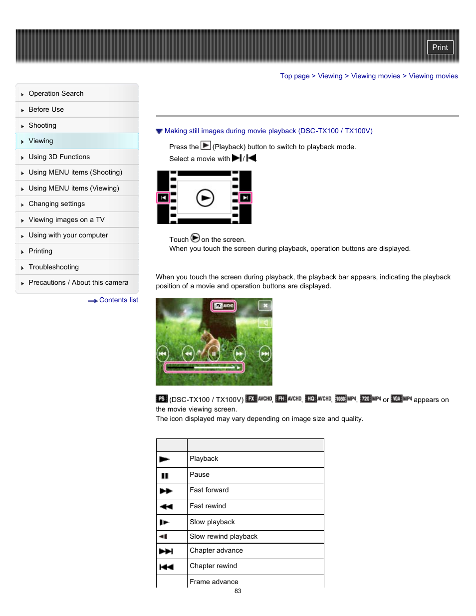 Viewing movies | Sony DSC-TX10 User Manual | Page 83 / 296