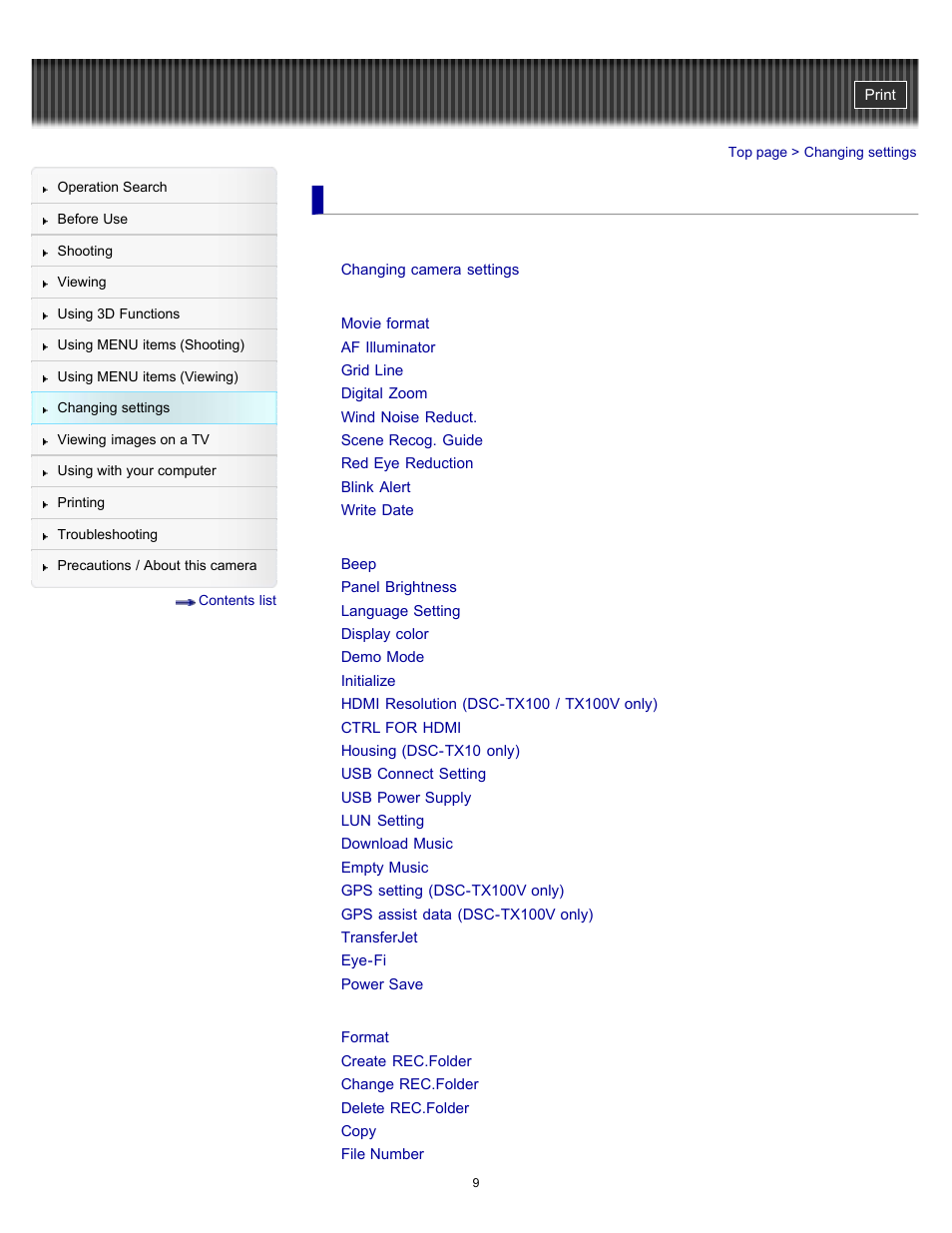 Changing settings | Sony DSC-TX10 User Manual | Page 9 / 296