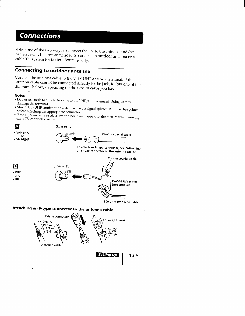 Connections, Connecting to outdoor antenna, Notes | Attaching an f-type connector to the antenna cable | Sony KV-9PT60 User Manual | Page 13 / 56