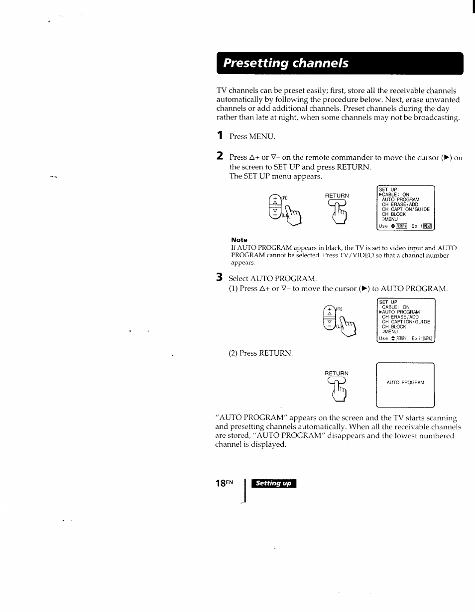 Presetting channels | Sony KV-9PT60 User Manual | Page 18 / 56