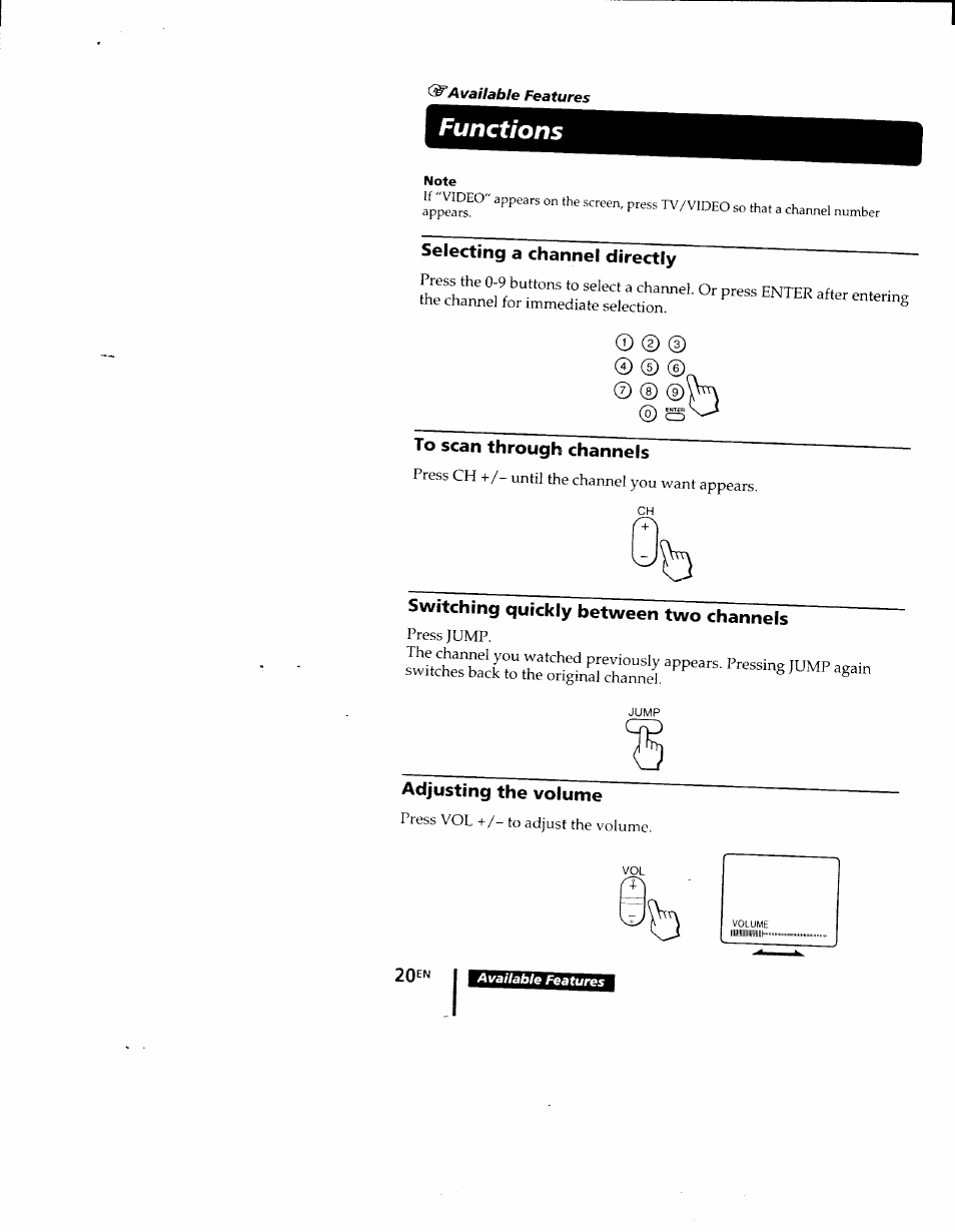 Functions, Note, Selecting a channel directly | To scan through channels, Switching quickly between two channels, Adjusting the volume | Sony KV-9PT60 User Manual | Page 20 / 56