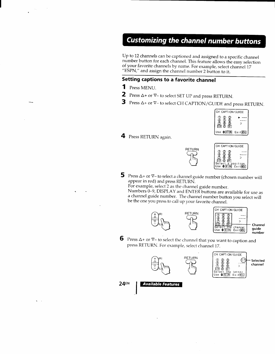 Customizing the channel number buttons, Setting captions to a favorite channel | Sony KV-9PT60 User Manual | Page 24 / 56