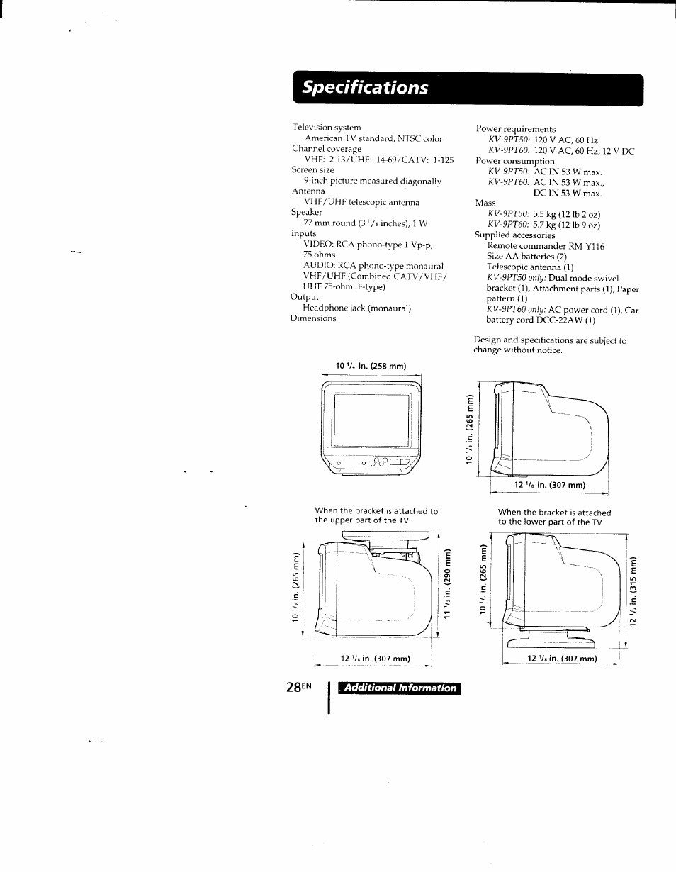 Specifications | Sony KV-9PT60 User Manual | Page 28 / 56