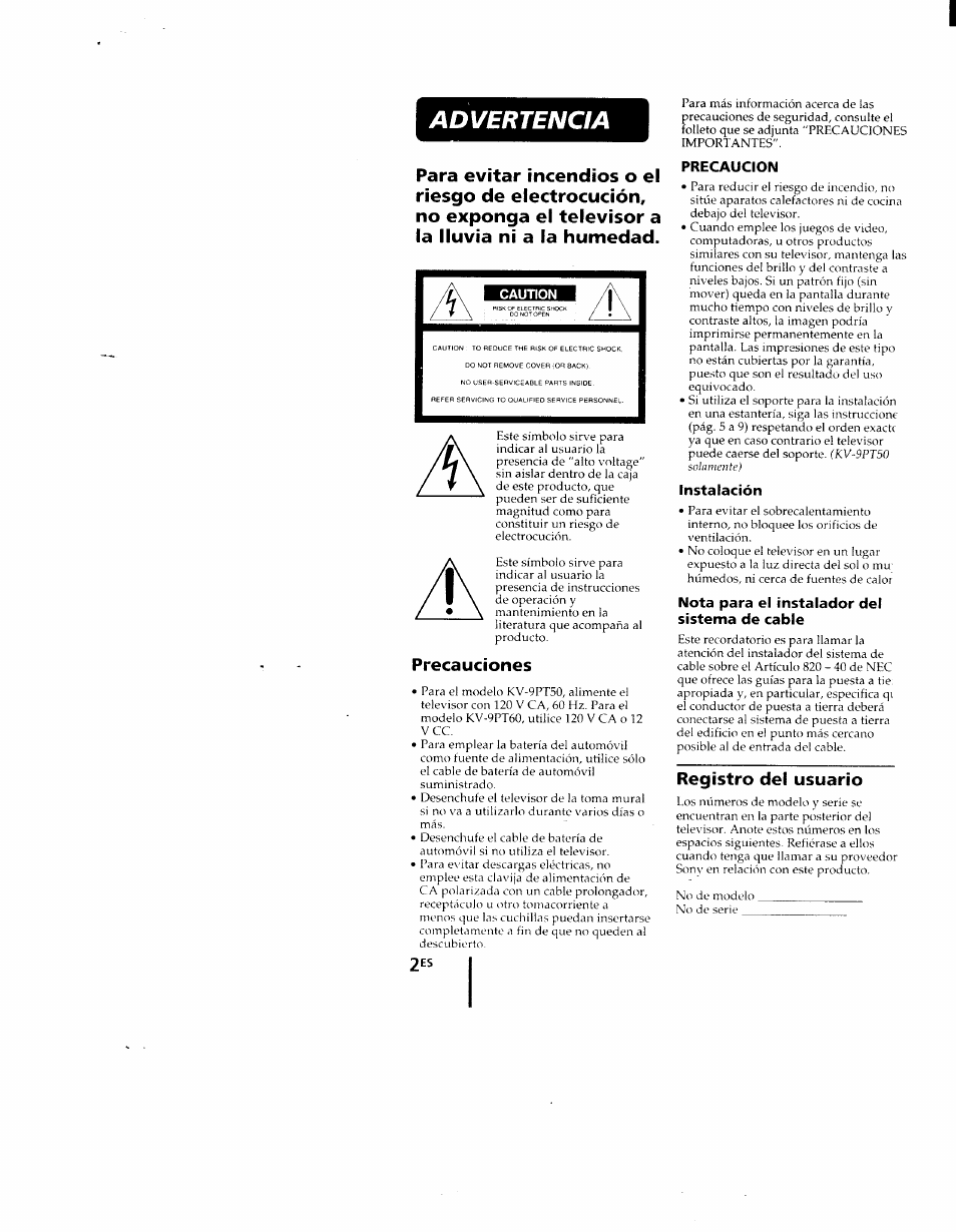 Advertencia, Precaucion, Instalación | Nota para el instalador del sistema de cable, Precauciones, Registro dei usuario | Sony KV-9PT60 User Manual | Page 30 / 56