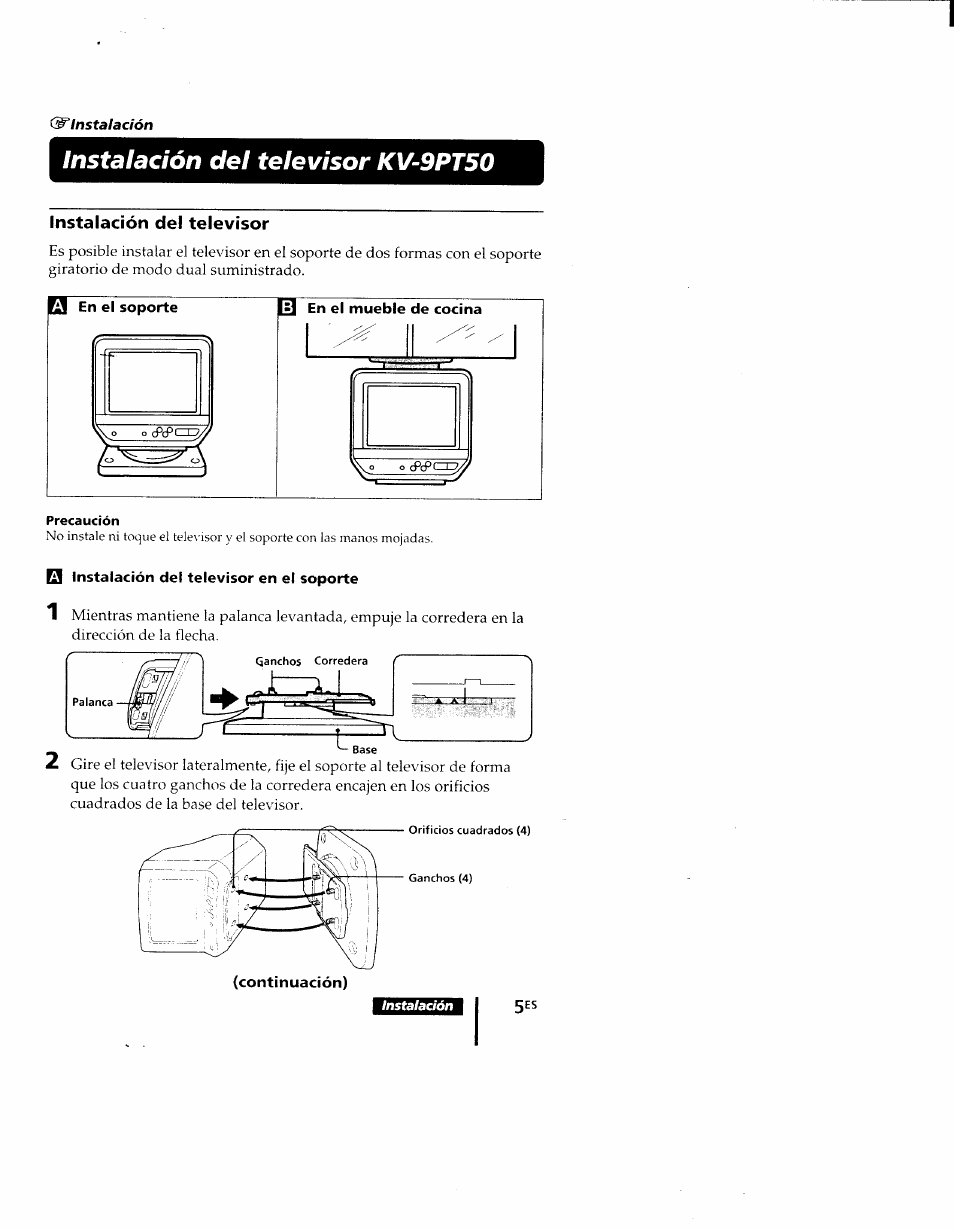 Instalación del televisor kv-9pt50, Instalación del televisor, Q instalación del televisor en el soporte | Sony KV-9PT60 User Manual | Page 33 / 56