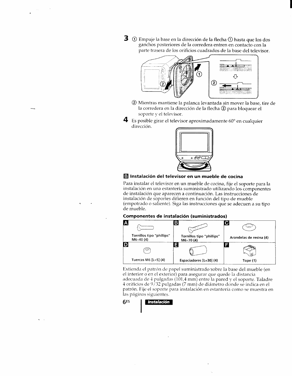 M instalación del televisor en un mueble de cocina | Sony KV-9PT60 User Manual | Page 34 / 56