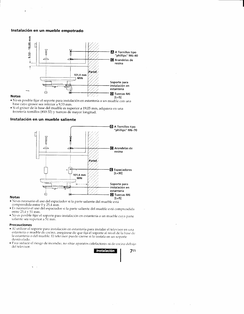 Instalación en un mueble empotrado, Instalación en un mueble saliente | Sony KV-9PT60 User Manual | Page 35 / 56