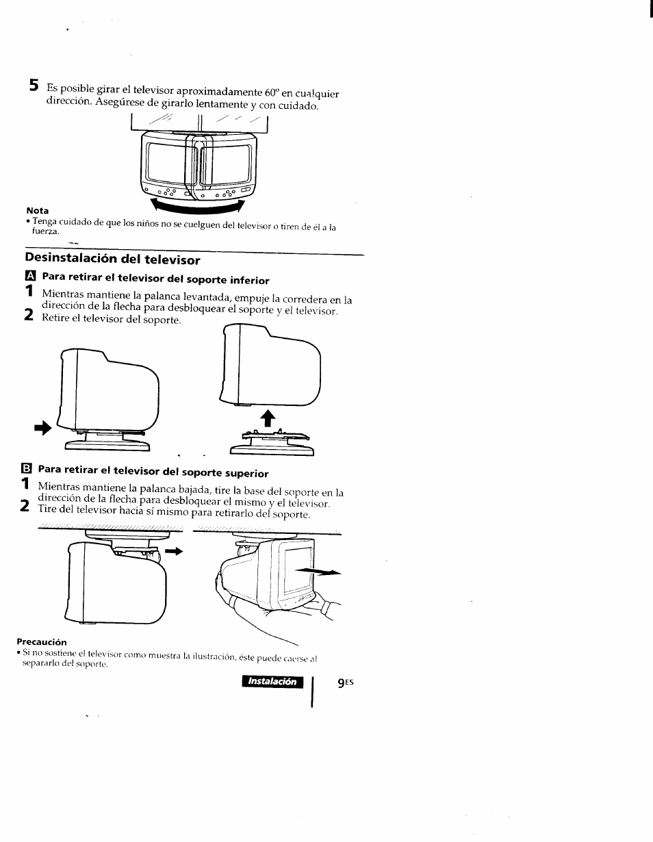 Desinstalación del televisor, M para retirar el televisor del soporte superior | Sony KV-9PT60 User Manual | Page 37 / 56