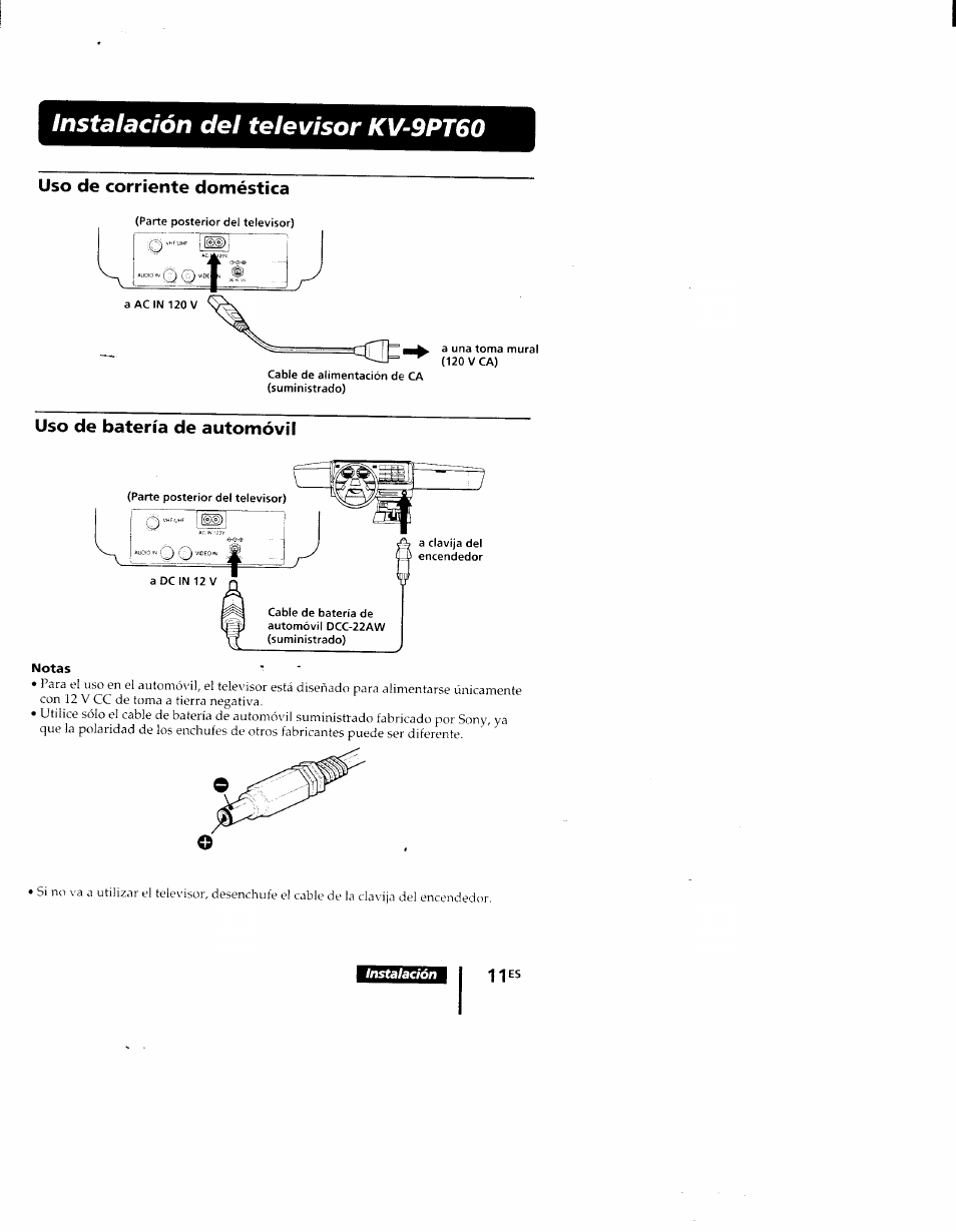 Instalación del televisor kv-9pt60, Uso de corriente doméstica, Uso de batería de automóvil | Sony KV-9PT60 User Manual | Page 39 / 56