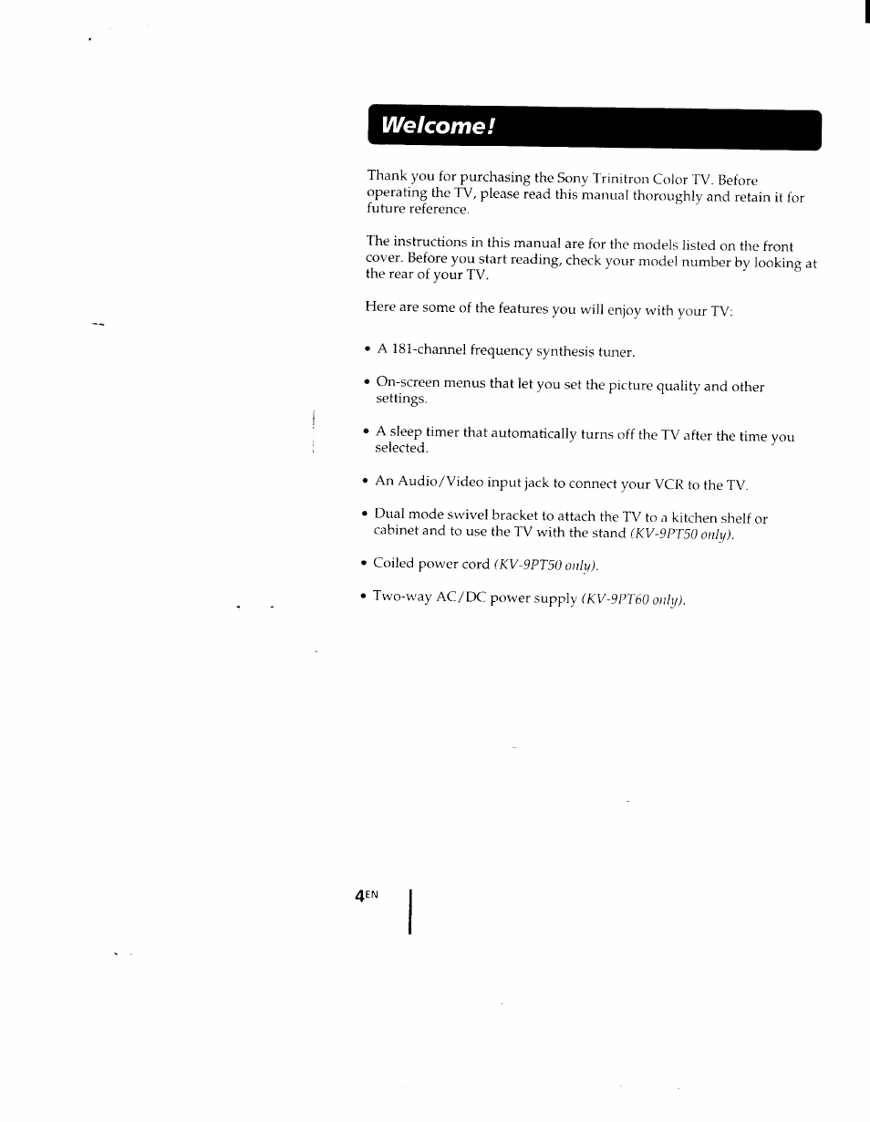 Welcome | Sony KV-9PT60 User Manual | Page 4 / 56