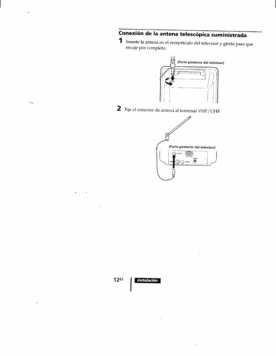 Conexión de la antena telescópica suministrada | Sony KV-9PT60 User Manual | Page 40 / 56