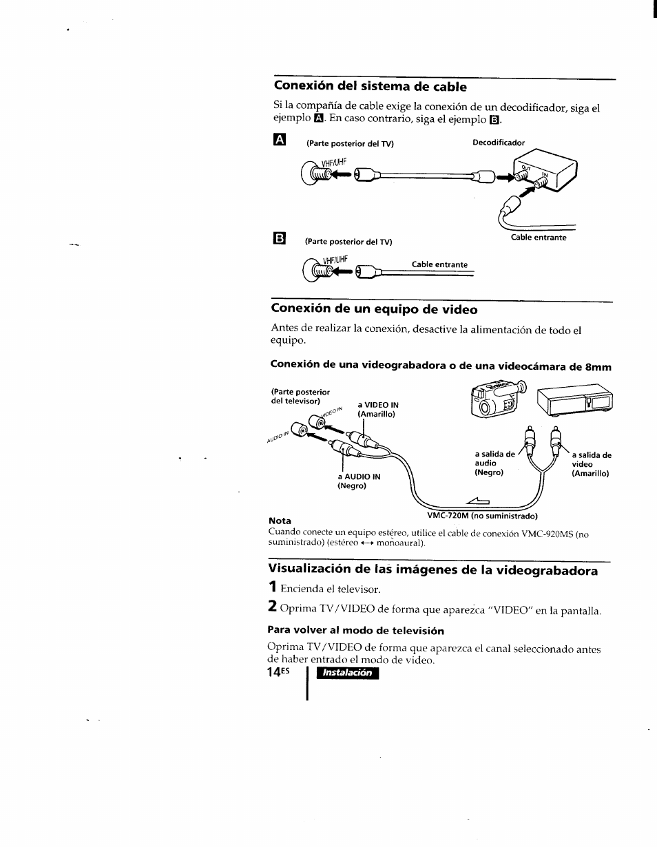 Conexión del sistema de cable, Conexión de un equipo de video, Visualización de las imágenes de la videograbadora | 14es | Sony KV-9PT60 User Manual | Page 42 / 56