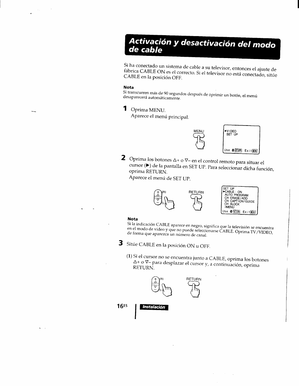Activación y desactivación del modo de cable, 16es | Sony KV-9PT60 User Manual | Page 44 / 56