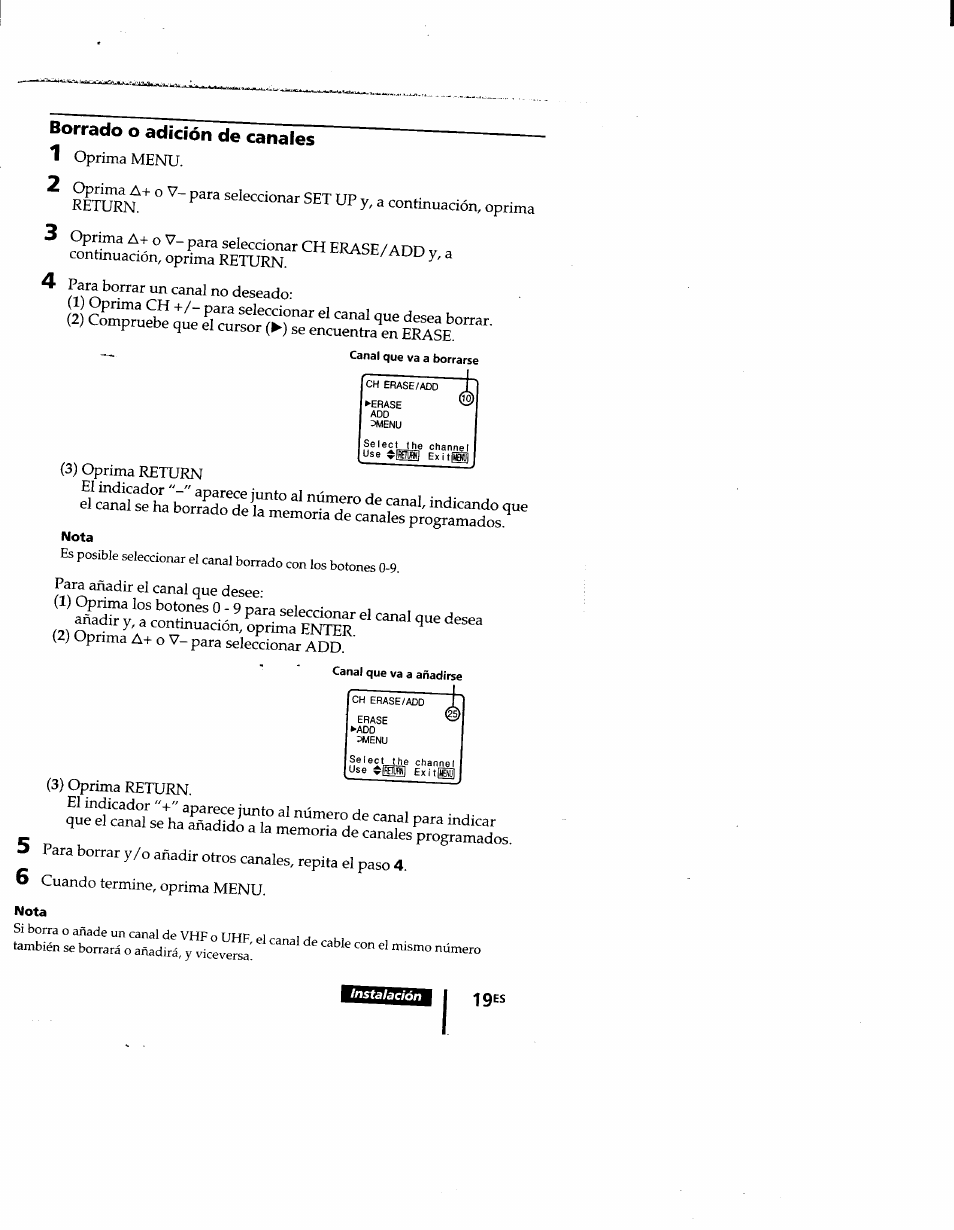 Borrado o adición de canales | Sony KV-9PT60 User Manual | Page 47 / 56