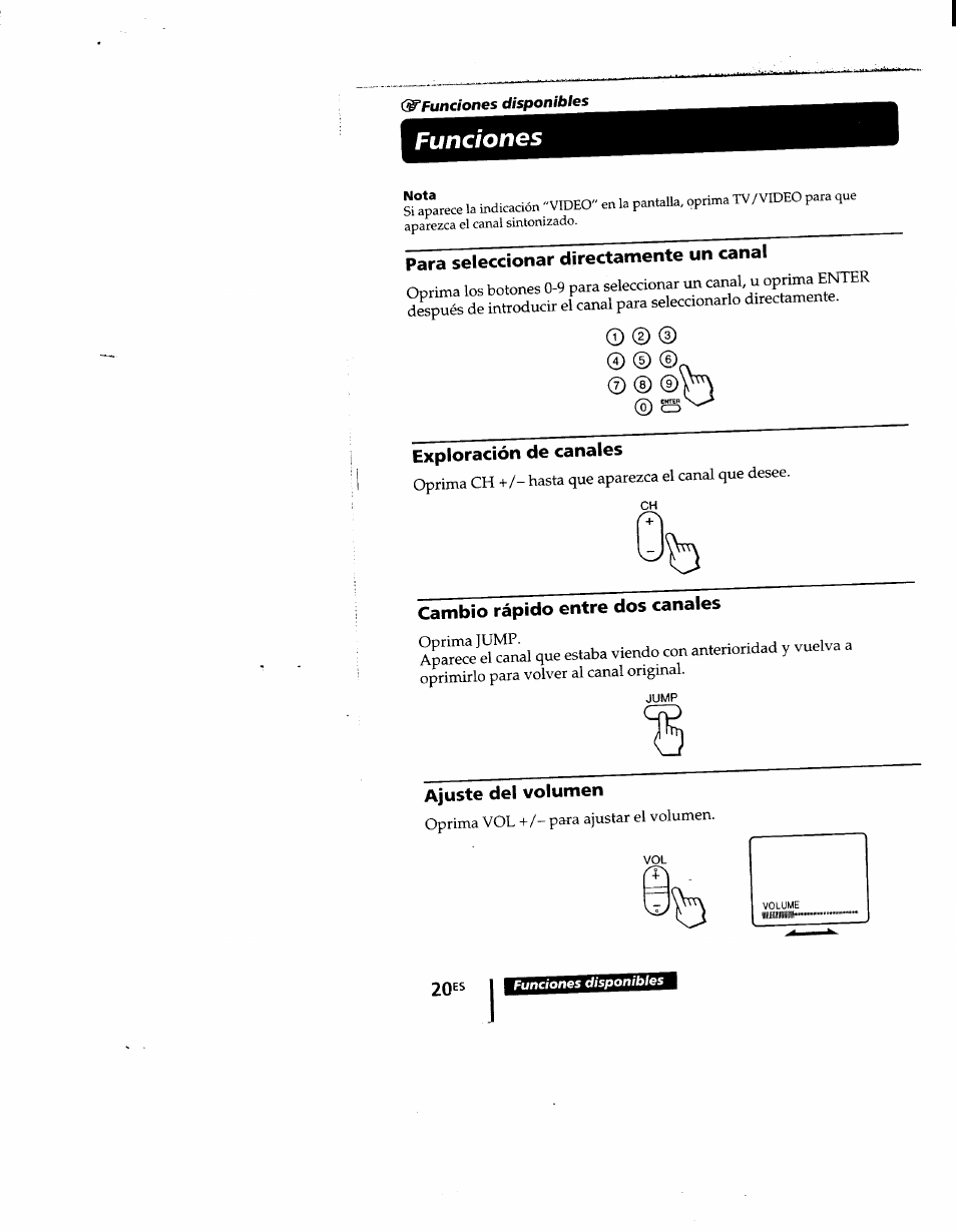 Funciones, Nota, Para seleccionar directamente un canal | Exploración de canales, Cambio rápido entre dos canales, Ajuste del volumen | Sony KV-9PT60 User Manual | Page 48 / 56