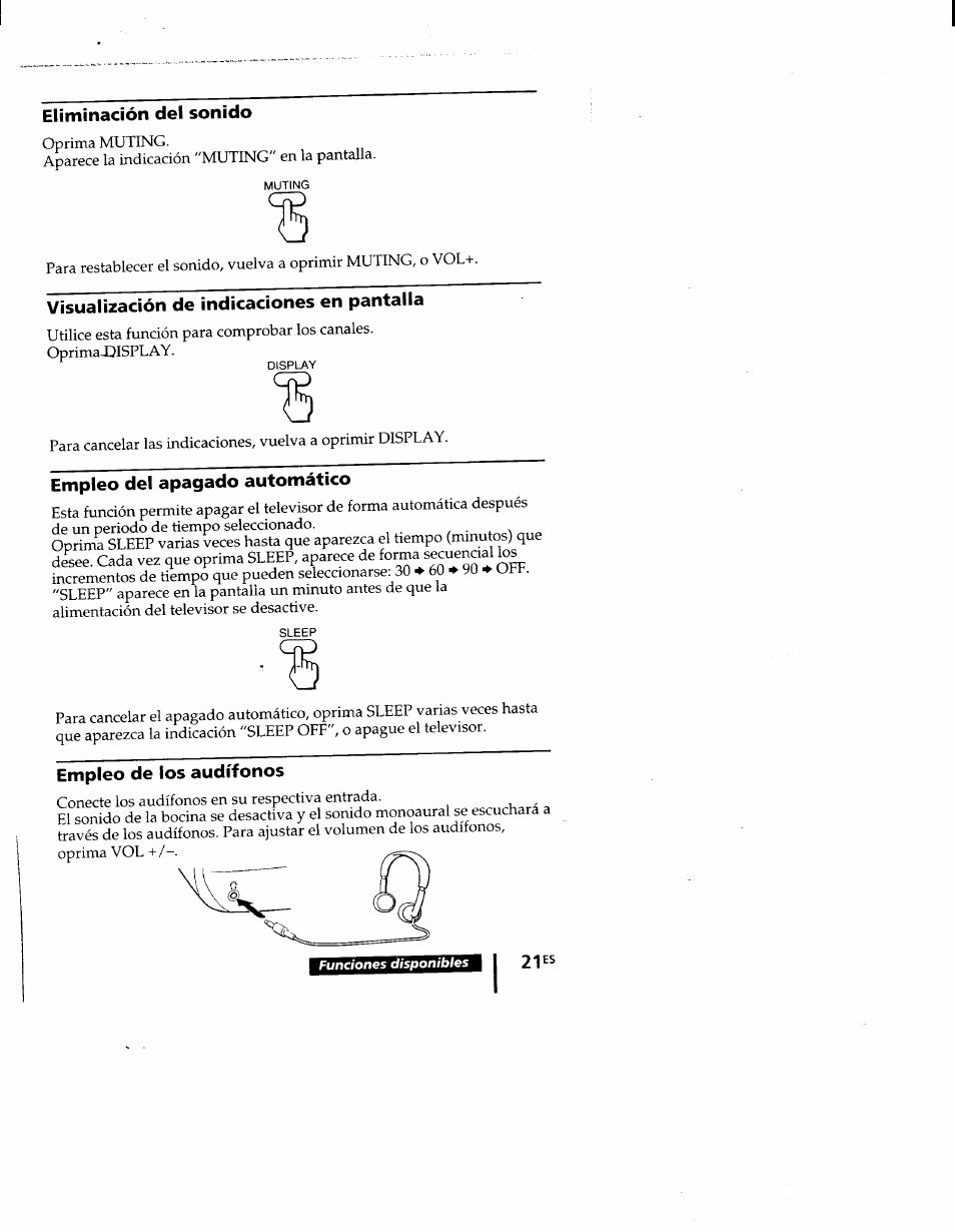 Eliminación del sonido, Visualización de indicaciones en pantalla, Empleo del apagado automático | Empleo de los audífonos | Sony KV-9PT60 User Manual | Page 49 / 56