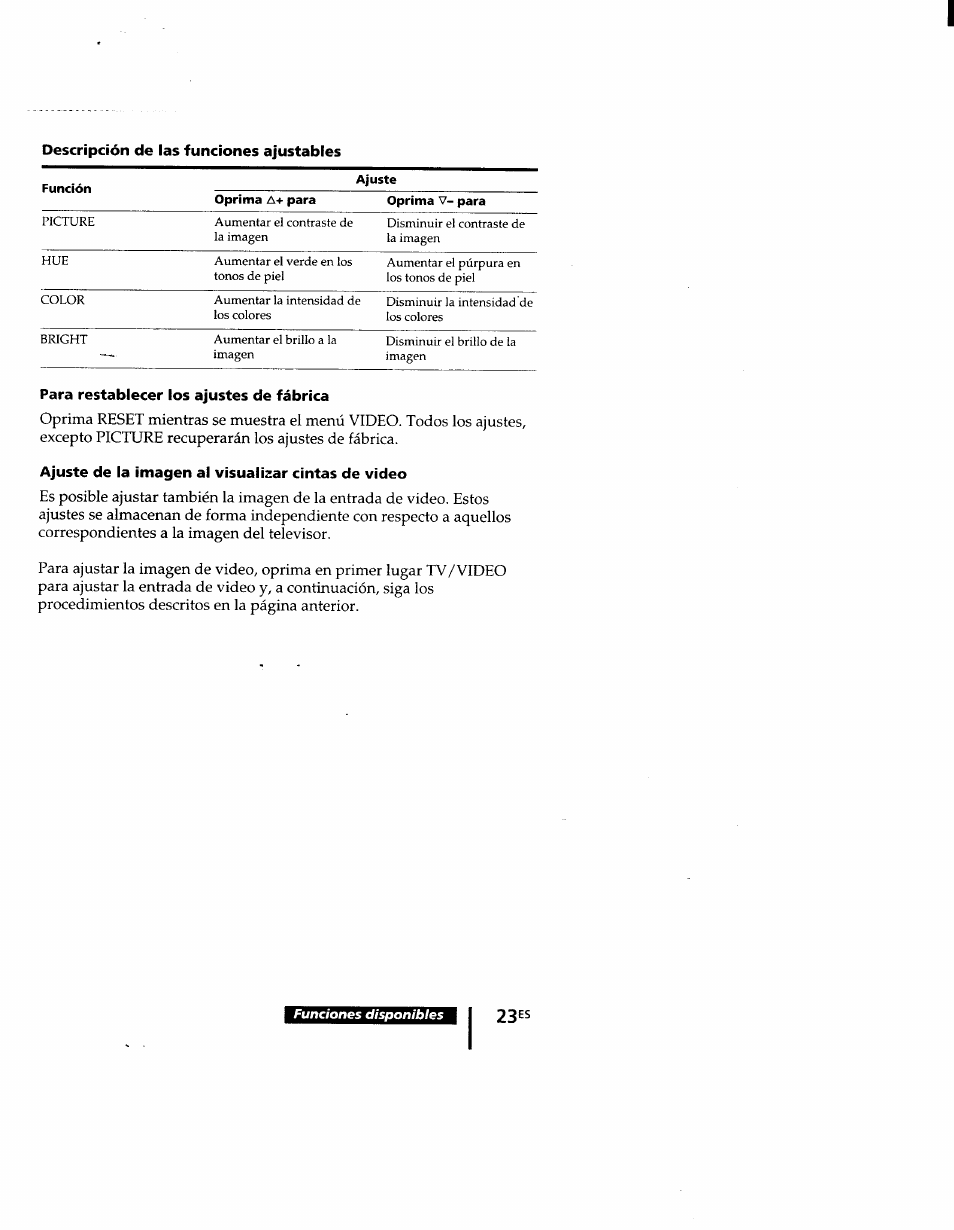 Para restablecer los ajustes de fábrica, Ajuste de la imagen ai visualizar cintas de video | Sony KV-9PT60 User Manual | Page 51 / 56